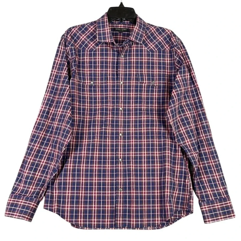 Banana Republic Pearl Snap Western Shirt Mens L Plaid Slim Cowboy Farm Casual